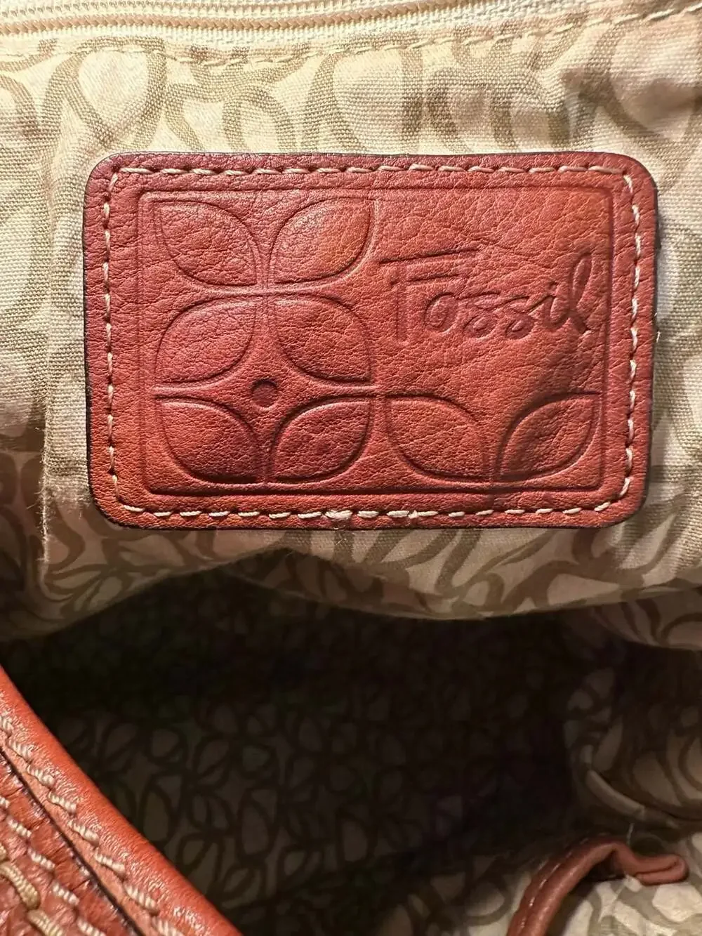 Fossil Brown Leather Hobo Shoulder Bag with Embossed Floral and Textured Details